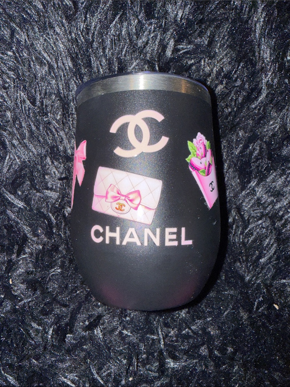 Black Wine Gobbler Tumbler with Pink Logo and Motif Accents